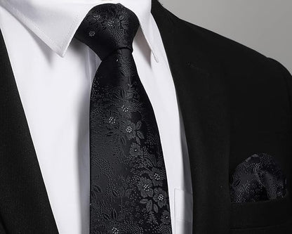 HISDERN Men Floral Ties Woven Classic 3.4" Necktie Set Formal Tie Pocket Square for Wedding with Handkerchief Gift Box