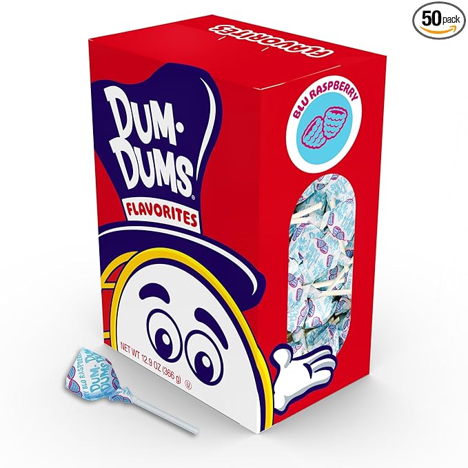 Dum Dums Blu Raspberry Lollipops - Bulk Candy Box with Lollipops Individually Wrapped, Single Flavor Gourmet Suckers - 50 Count