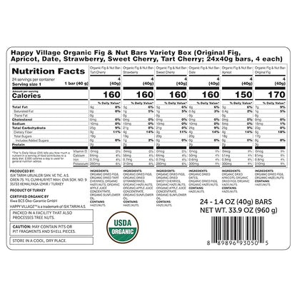 Happy Village Organic Fig & Nut Bars, VARIETY (24 Pack, 1.4 OZ each), Gluten Free, No Refined Sugar, Kosher, Non-GMO, Vegan, Good Source of Fiber, Organic Healthy Snack Bars - 4 bars of Each Flavor