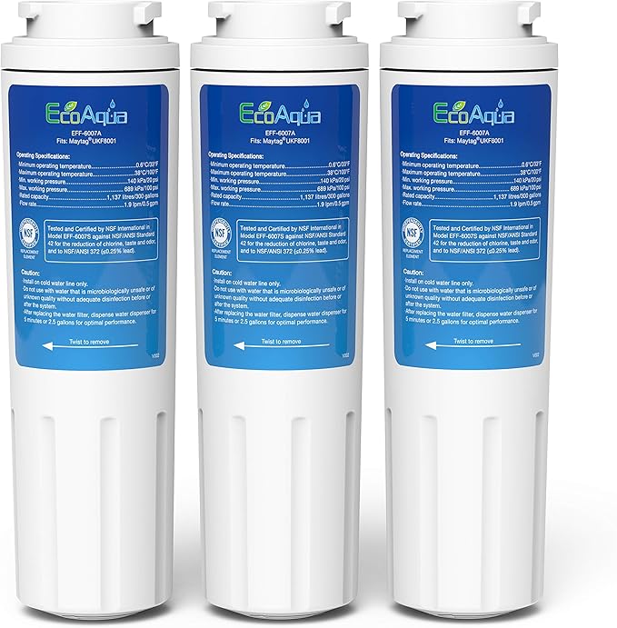 EcoAqua Replacement Filter, Compatible with Maytag UKF8001, EDR4RXD1, Whirlpool 4396395, Puriclean II, Kenmore 46-9006, Everydrop Filter 4, Viking RWFFR Refrigerator Water Filter, 3 Pack