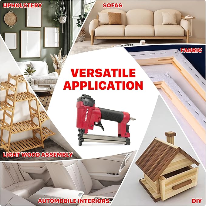 KEENTECH Pneumatic Staple Gun 22 Gauge, Air Upholstery Stapler with 3765pcs 3/8" Crown Staples 1/4"-5/8", Ready-to-Use Air Staple Gun with Staples, Safety Trigger, for Wood Furniture Fabric Leather