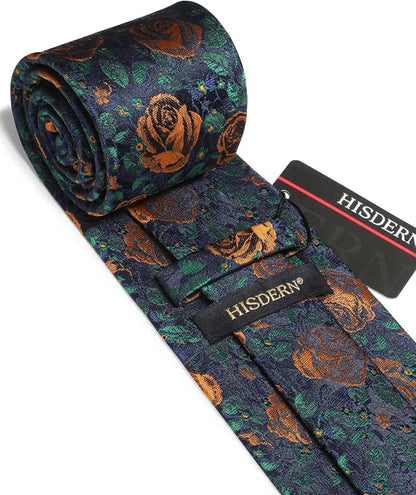 HISDERN Men Floral Ties Woven Classic 3.4" Necktie Set Formal Tie Pocket Square for Wedding with Handkerchief Gift Box