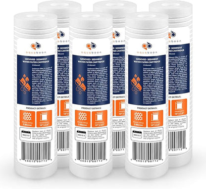 Aquaboon 5 Micron 10 x 2.5 Grooved Sediment Water Filter Replacement for Whole House Filter Cartridge Compatible with AP110, WHKF-GD05, CFS110, 6-Pack