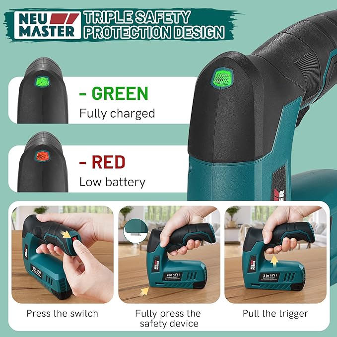 NEU MASTER Electric Staple Gun, 2 in 1 Cordless Brad Nailer with 2000 Staples & Nails, 4V Electric Stapler for Wood, Upholstery, Carpentry, Crafts, DIY