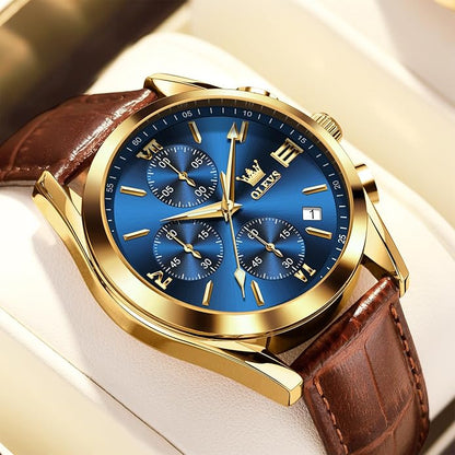 OLEVS Men's Chronograph Leather Watch, Big Face Easy to Read Analog Quartz Dress Watch, Casual Waterproof Luminous Hands Date Watches for Men, White/Blue/Black/Gold Dial