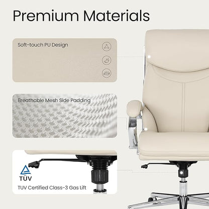 COLAMY Marcus Executive PU Leather Office Chair, High-Back Home Desk Chair Padded Seat & Back, Smooth-Rolling Casters – Luxury Ergonomic Desk Chair for Professional Workspaces (Beige)
