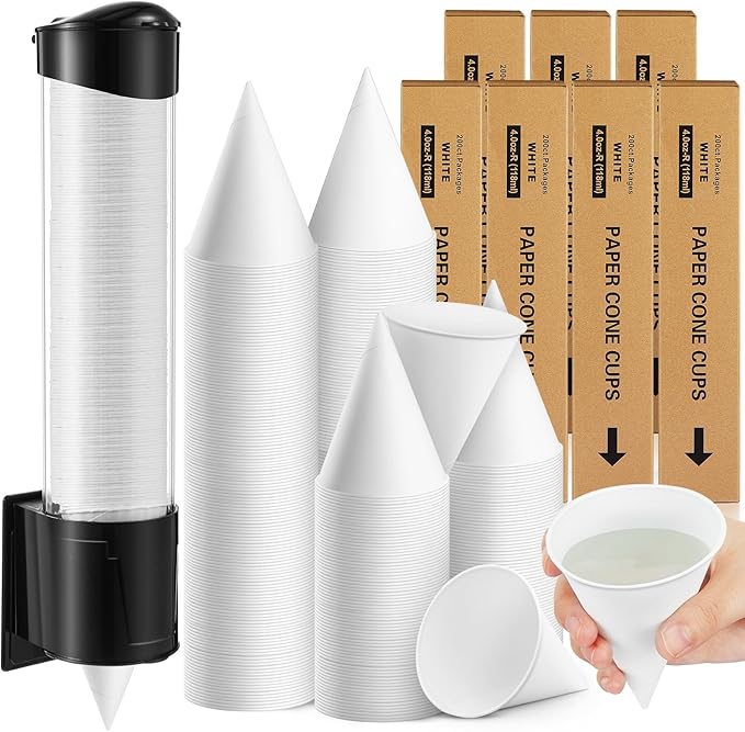 Roshtia 1400 Pcs 4 oz Snow Cone Cups Paper Thicken Disposable with 1 Cups Dispenser Pull Type Wall Mount Cup Holder Paper for Restaurants, Home, and Office, and Shaved Ice, Cold (White)