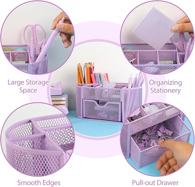 Office Supplies for Desk,14pcs Purple Desk Sets and Accessories, Office Supply Kit with Mesh Desktop Organizer and Stapler,Staple Remover, Staples,Tape Dispenser,Sticky Tabs,Scissors, Ruler