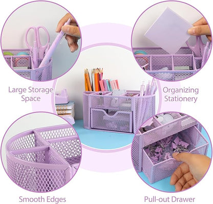 Office Supplies for Desk,14pcs Purple Desk Sets and Accessories, Office Supply Kit with Mesh Desktop Organizer and Stapler,Staple Remover, Staples,Tape Dispenser,Sticky Tabs,Scissors, Ruler