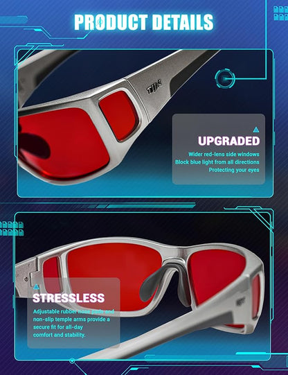 TIJN Sonia Sleep Glasses for Blue & Green Light Blocking,Red Lens with Dual AR Coating,Wraparound Frame for Gaming Screen