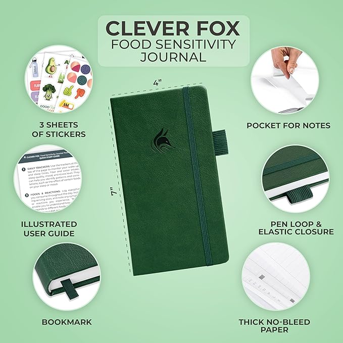 Clever Fox Food Sensitivity Journal Pocket – Daily Intolerance & Symptom Log for IBS, Diabetic, Low Fodmap, Elimination Diet – Health Tracker, 3.7x6.7 (Forest Green)