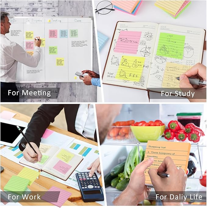 SACATR 30 Pads Lined Sticky Notes, Sticky Note Pads 3x3 inches, 10 Bright Color Sticky Notes with Lines Self-Stick Note Pads, Perfect for Office Home School(100 Sheet/Pad)