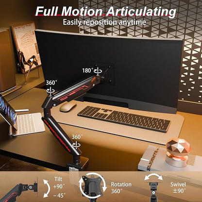 Monitor Arm, Gas Spring Monitor Stand for 17-35 Inch Screens up to 24.3 lbs, Adjustable Mount with C-Clamp & Grommet Base, Ergonomic Computer Monitor Mount (Single Arm Black)