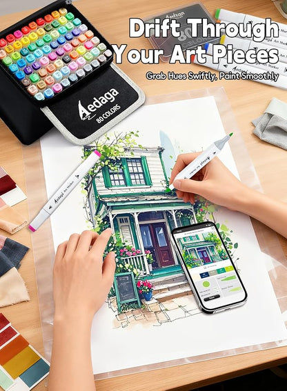 80 Colors Alcohol Markers with Free App, Dual Tip Art Marker with Kickstand Case for Artists Adults. Alcohol Based Markers for Coloring Painting Sketching and Drawing, Great Gift