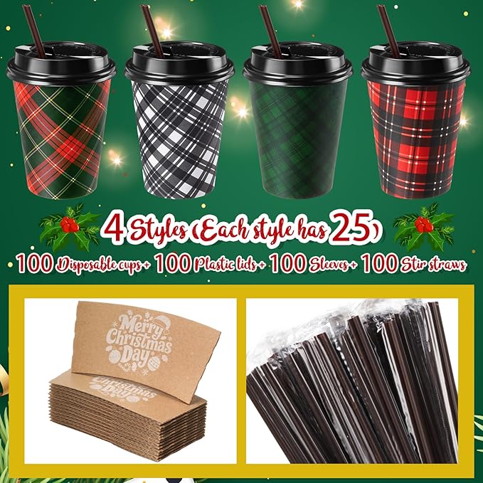 Lallisa 100 Sets Christmas Disposable Coffee Paper Cups Bulk with Lids Sleeves & Straws, 12 oz Xmas Red and Green Buffalo Plaid Cups for Hot Cold Cocoa Tea Holiday Party Supplies