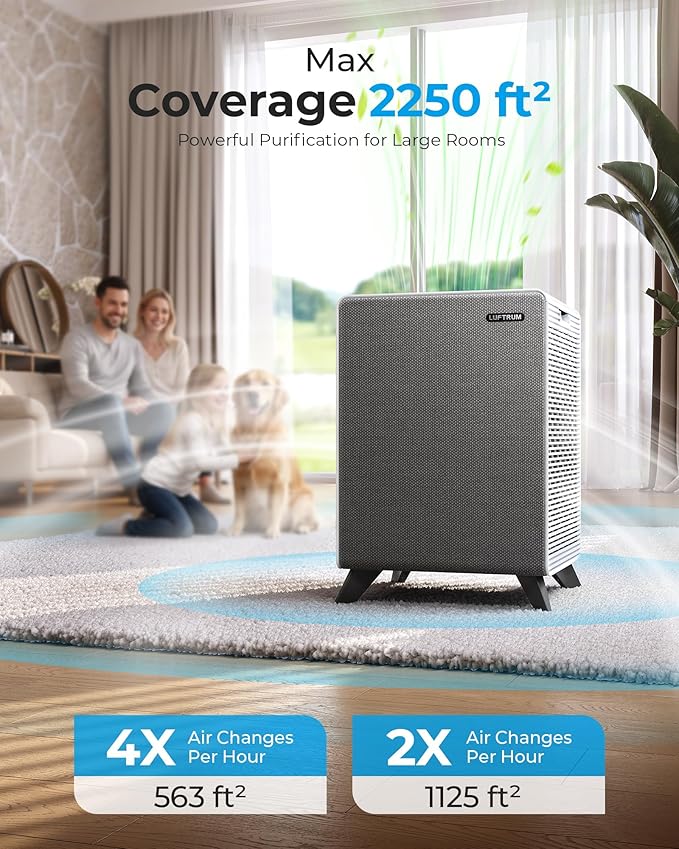 Air Purifiers for Home Large Room Up to 2250 ft² - Dual 3-Stage Filter of Washable Filter and True HEPA Filter with AQI, Auto Mode, Sleep Mode