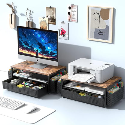 Desk Organizer and Accessories, Computer Monitor Stand Riser with Drawer and 2 Pen Holders, Office Desk Accessories & Workspace Organizers for Office Supplies (Wood)