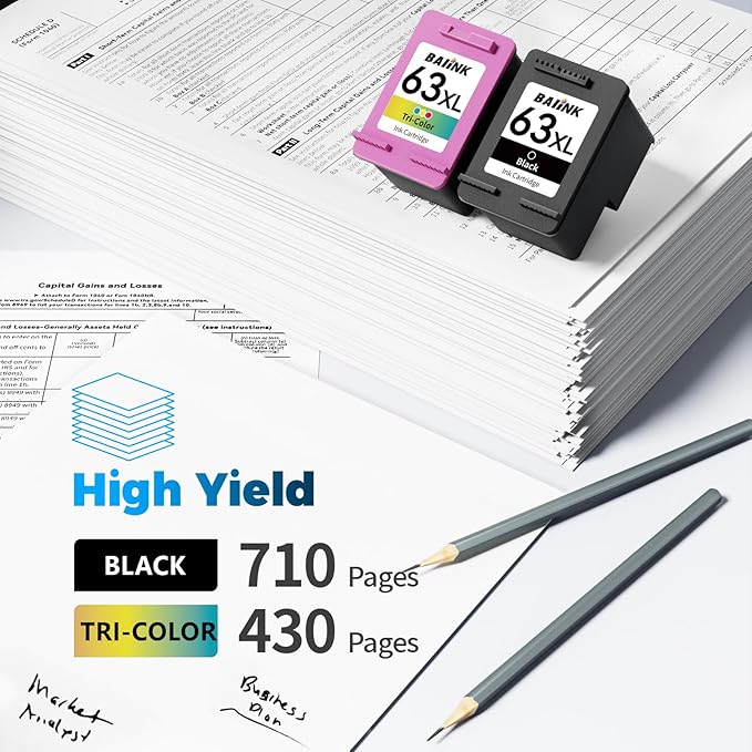 Remanufactured Ink Cartridge Replacement for HP Ink 63 XL 63XL for 3830 4650 4652 4655 5200 5252 5255 5258 4520 4510 4512 1110 1112 2130 2132 3630 3632 (Black Tricolor 2-Pack)