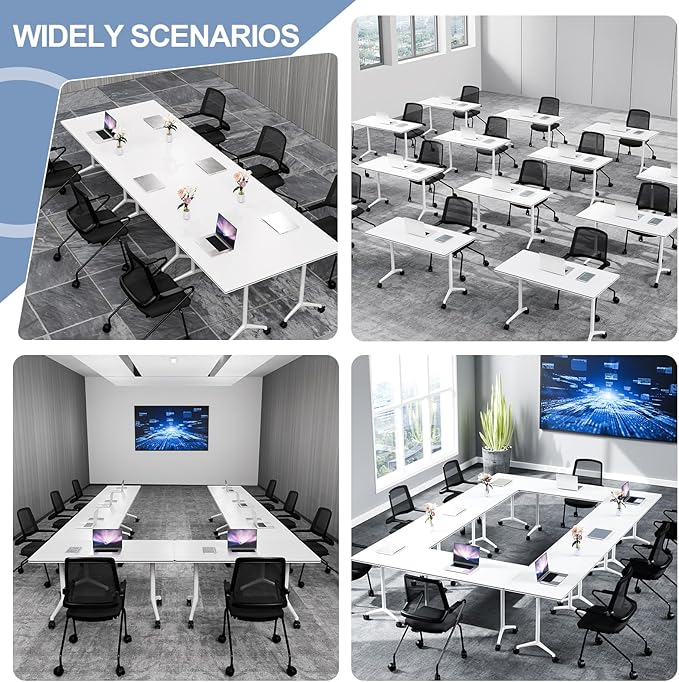 Conference Table, Foldable Conference Room Tables with Silent Wheels, Folding Modular Seminar Meeting Tables, Modern Rectangle Training Table for Office, Boardroom (4, White, 55.1)