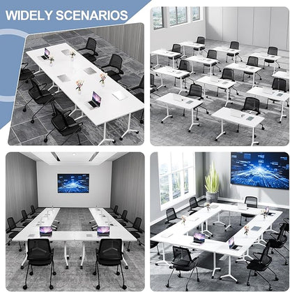 Conference Table, Foldable Conference Room Tables with Silent Wheels, Folding Modular Seminar Meeting Tables, Modern Rectangle Training Table for Office, Boardroom (4, White, 55.1)