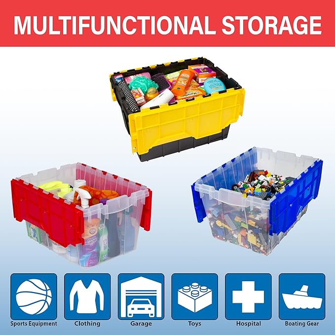 Akro-Mils KeepBox 12 Gallon Storage Container, Nesting and Stackable Plastic Storage Box with Lid Attached and Rails for Letter Size Hanging File Folders, 21" x 15" x 12", Clear/Blue