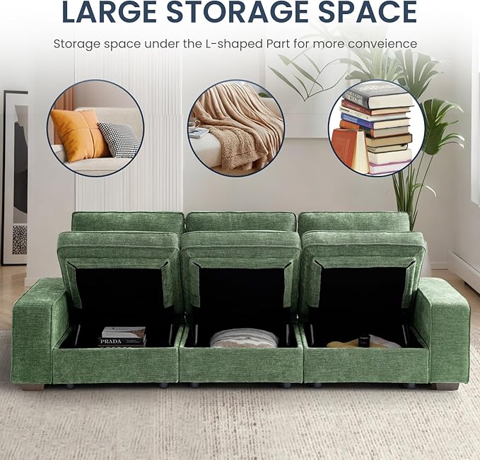 TEKAMON 100" Modular Sofa with Seats Storage, Comfy 3-Seater Chenille Fabric Couch for Living Room, Office, Apart W/Deep Seat, USB Charging, Upholstered Couch with Removable Cover(Green)