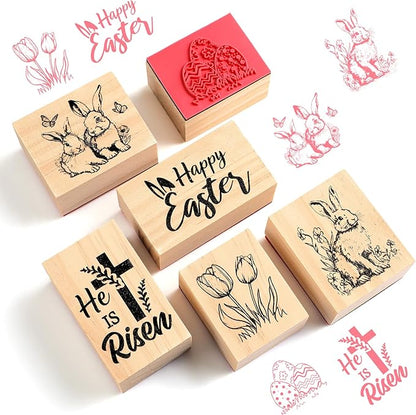 Watersay 6 Pcs Easter Rubber Stamp Set Happy Easter Wooden Rubber Stamp Bunny Rabbit Stamps Vintage Wooden Rubber Art Stamps for Crafting and Spring DIY Scrapbooking Card Making Hand Book