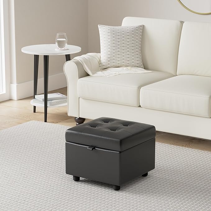 H&B Luxuries Tufted Leather Square Flip Top Storage Ottoman Cube Foot Rest (Black)