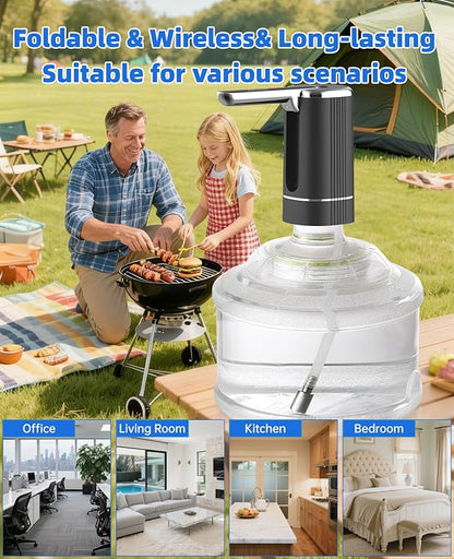 5 Gallon Water Pump Dispenser – Rechargeable & Foldable Electric Water Jug Pump, USB Charging Water Bottle Pump with 2 Silicone Hoses & 304 Stainless Steel Weight, for Camping/Home/Office