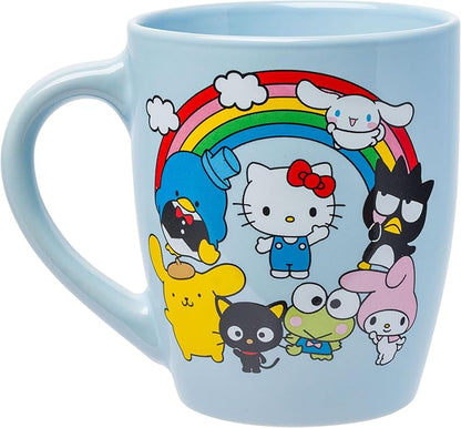Silver Buffalo Sanrio Hello Kitty and Friends Featuring Badtz-Maru, My Melody, Cinnamoroll, Pompompurin, Tuxedo Sam, Keroppi, and Chococat Rainbow Jumbo Curved Ceramic Mug, 25 Ounces
