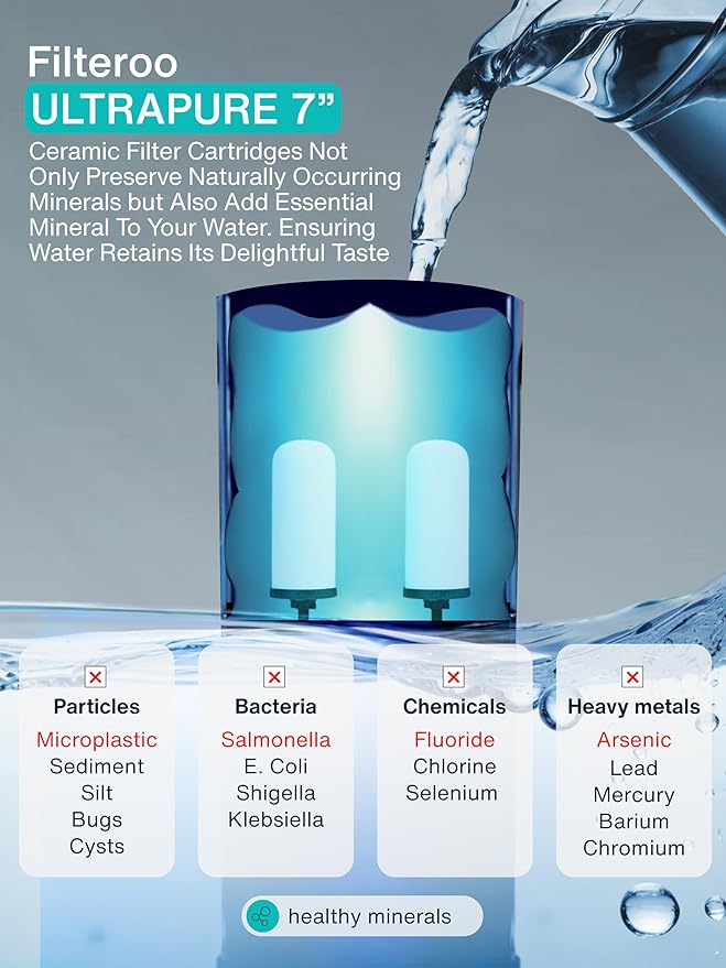 Countertop Gravity Water Filter System - 5.28 Gal/20L | 304 Stainless Steel | Gravity-Fed Water Purifier with 2 Fluoride & Chlorine Reduction Ceramic Cartridges | Also Removes Bacteria & Heavy Metals