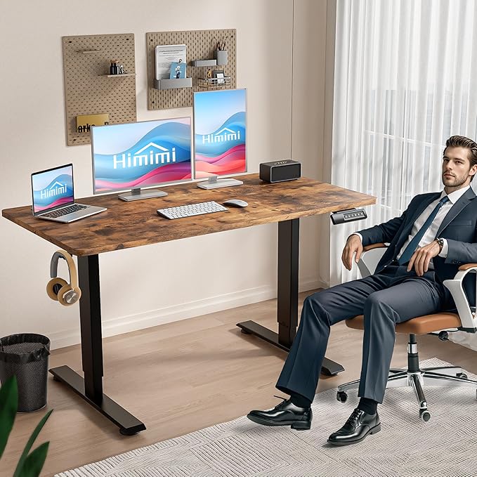 Himimi Electric Standing Desk Adjustable Height,63 x 24 inch Sit Stand up Adjustable Desk with Memory Presets,Portable Computer Desk for Gaming/Working,Free Hook, Lockable Wheels,Mouse Pad,Brown