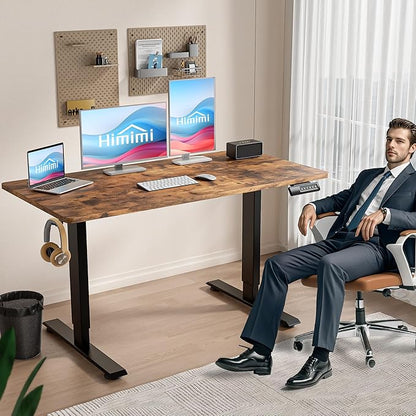 Himimi Electric Standing Desk Adjustable Height,63 x 24 inch Sit Stand up Adjustable Desk with Memory Presets,Portable Computer Desk for Gaming/Working,Free Hook, Lockable Wheels,Mouse Pad,Brown