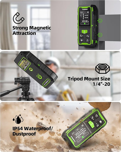 Huepar Dual Laser Measuring Tool, 393Ft Green-Beam Bilateral Digital Laser Distance Measure 6 Units Ft/in/M, Rechargeable Laser Measurement Tool -Backlit LCD Display, Length/Area/Volume/Angle Sensor