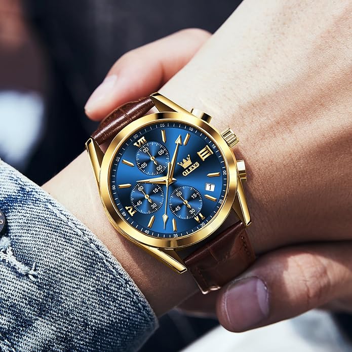 OLEVS Men's Chronograph Leather Watch, Big Face Easy to Read Analog Quartz Dress Watch, Casual Waterproof Luminous Hands Date Watches for Men, White/Blue/Black/Gold Dial