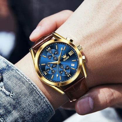 OLEVS Men's Chronograph Leather Watch, Big Face Easy to Read Analog Quartz Dress Watch, Casual Waterproof Luminous Hands Date Watches for Men, White/Blue/Black/Gold Dial