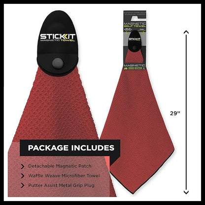 STICKIT Magnetic Golf Towel, Red, Premium 29" Microfiber with Deep Waffle Pockets, Industrial Strength Magnet for Secure Hold to Golf Carts & Clubs, Ultra-Absorbent, Fast-Drying, Easy-Clean Design