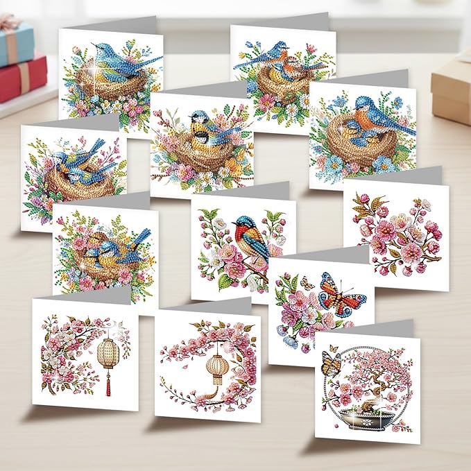 jinglinhh 12pcs Diamond Art Painting Bluebird Flowers Greeting Cards with Envelopes, DIY Card Making Kits for Adults, Diamond Art Christmas Cards for Birthday Holiday Postcards Craft Gifts