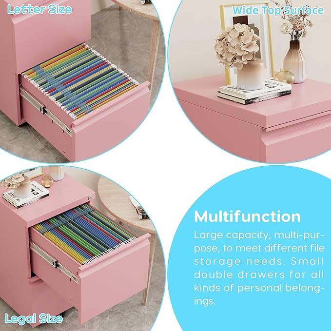 Aobabo 2 Drawer File Cabinet with Wheels, Lockable Metal Filing Cabinet for Home Office, Legal/Letter Size, Fully Assembled Except Wheels, Pink