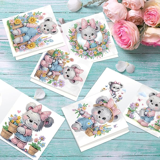 jinglinhh 12pcs Diamond Art Painting Flower Bear Greeting Cards with Envelopes, DIY Card Making Kits for Adults, Diamond Art Christmas Cards for Birthday Holiday Postcards Craft Gifts