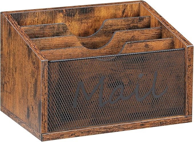 Mail Organizer Countertop, Mail Holder with 4 Slots, Mail Sorter for Desk, Wooden Office Desk Organizer, Mail Organizer for Magazines, Files, Papers, Folders, Rustic Brown and Black MR04BR