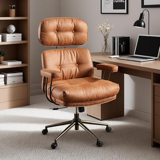 Home Office Desk Chair Adjustable Height, Ergonomic Executive Office Chair with Armrests, Comfy Desk Chair with Lumbar Support, Brown, Suede, High Back Thicken Cushion