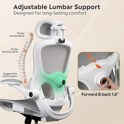 DEVAISE Ergonomic Mesh Home Office Desk Chair with Lumbar Support, High Back Reclining Computer Gaming Chair with Flip-up Armrests, 3D Headrest, Tilt Lock, Heavy Duty, SGS Class 4 Gas Lift, White