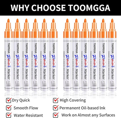 Orange Permanent Paint Pens - 12 Pack Oil Based Paint Markers, Pens For Rock Painting Car Tyre Metal, Plastic, Canvas, Mugs, Wood, Glass, Quick Drying and Waterproof, Medium Point