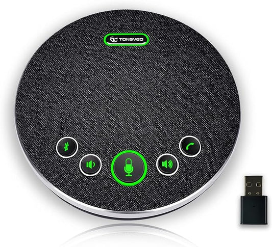 TONGVEO Bluetooth Speakerphone Conference Microphones, Wireless Conference Speaker 360°Voice Pick up with 4 AI Noise Cancellation Mics USB/Dongle/Bluetooth Connection 8 Hour Call Time for 8-12 People