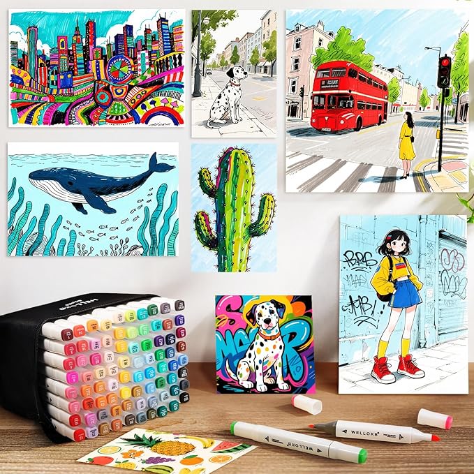 Alcohol Markers Set, 80 Colors Dual Tip Art Markers with Broad and Fine Tips for Adult Coloring Books, Drawing, Illustration, Sketching, No Bleed Ink Supplies