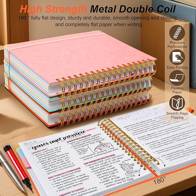 Hardcover Spiral Notebook 6.2"x 8.2" Journal Notebook with Tabs and Removable Dividers 300 Pages 5 Subject Notebook College Ruled, Faux Leather Spiral Bound Notebook for Women School Work(Orange)