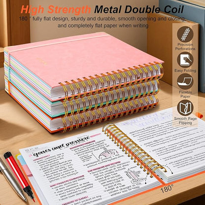 Hardcover Spiral Notebook 6.2"x 8.2" Journal Notebook with Tabs and Removable Dividers 300 Pages 5 Subject Notebook College Ruled, Faux Leather Spiral Bound Notebook for Women School Work(Orange)