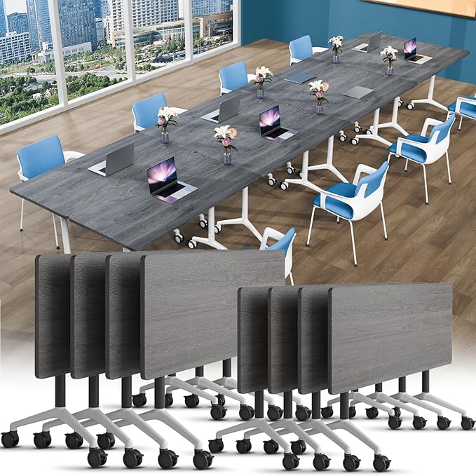 Conference Table, Foldable Conference Room Tables with Silent Wheels, Folding Modular Seminar Meeting Tables, Modern Rectangle Training Table for Office, Boardroom (8, Grey, 70.8)