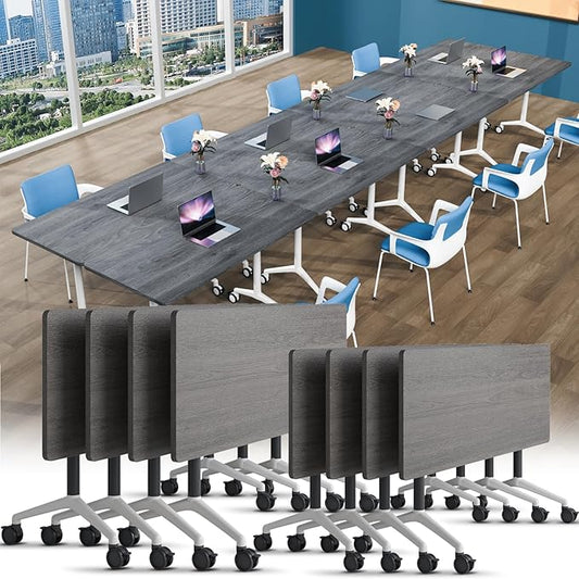 Conference Table, Foldable Conference Room Tables with Silent Wheels, Folding Modular Seminar Meeting Tables, Modern Rectangle Training Table for Office, Boardroom (8, Grey, 70.8)